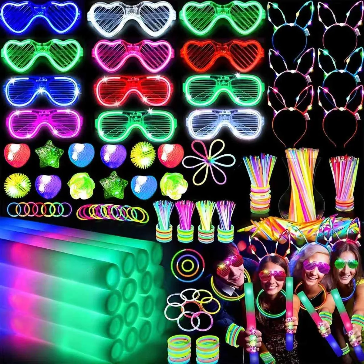 Cardboard box containing 142 glow party pieces including foam sticks LED glasses rabbit headbands glow sticks and finger lights
