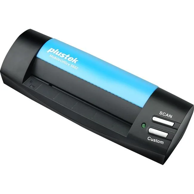 Compact flatbed card scanner, matte black finish, USB cable attached