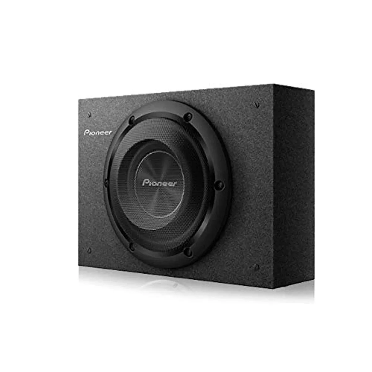 Pioneer 8 inch shallow subwoofer in carpeted enclosure with steel mesh grille