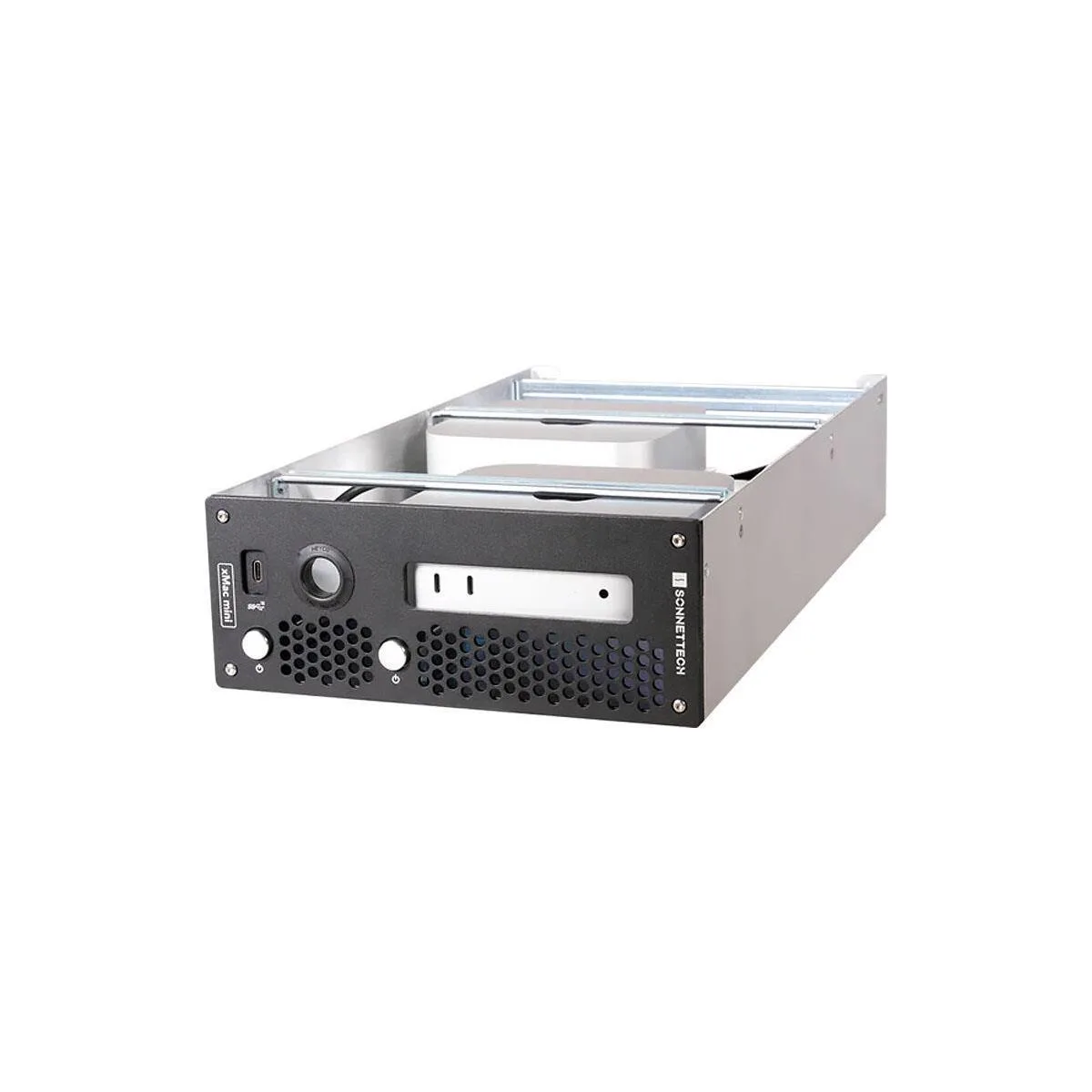 Steel frame holding two Mac mini 2024 computers, front power buttons and USB-C access