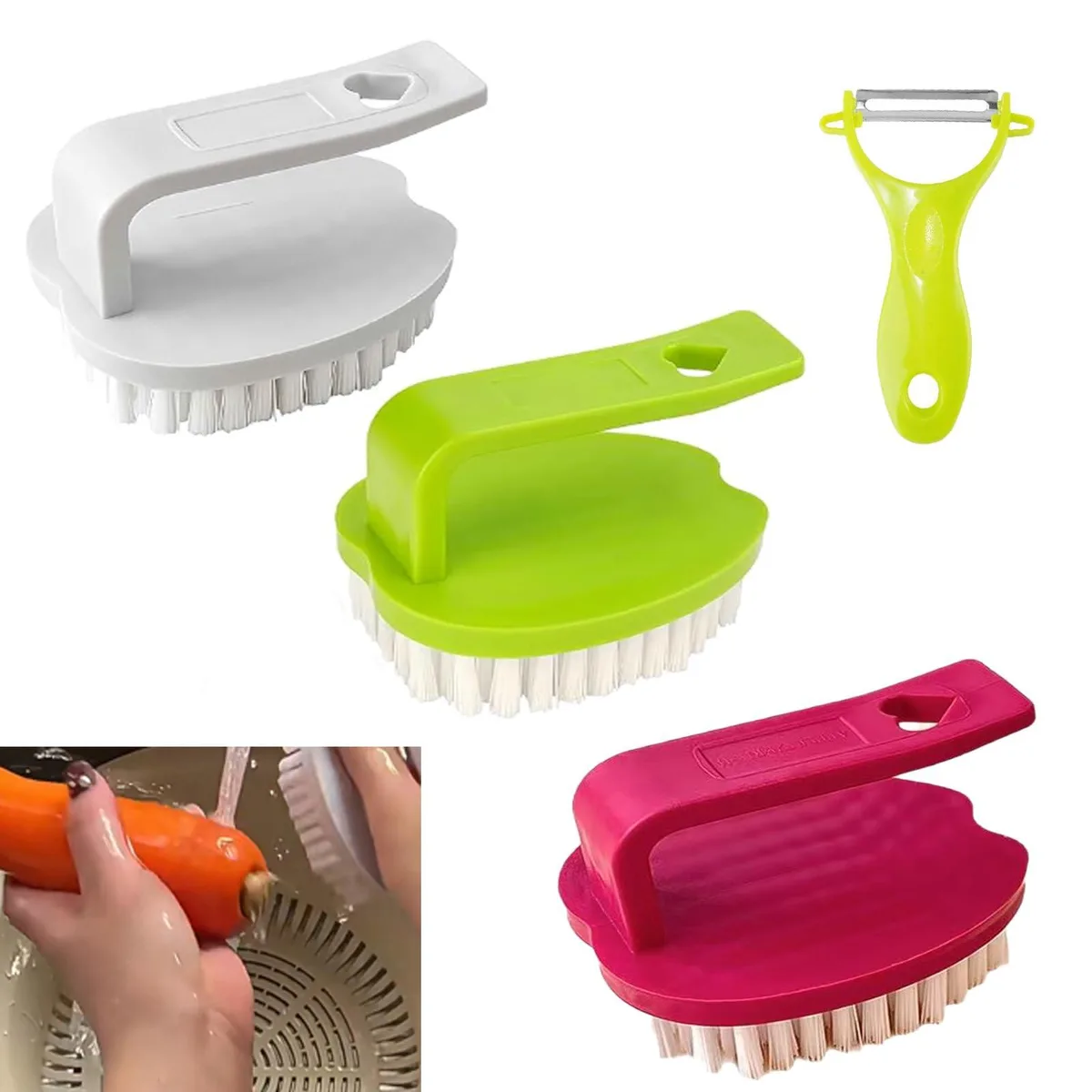 Black vegetable brush set with three scrubbers and one peeler, ergonomic handles with hanging holes