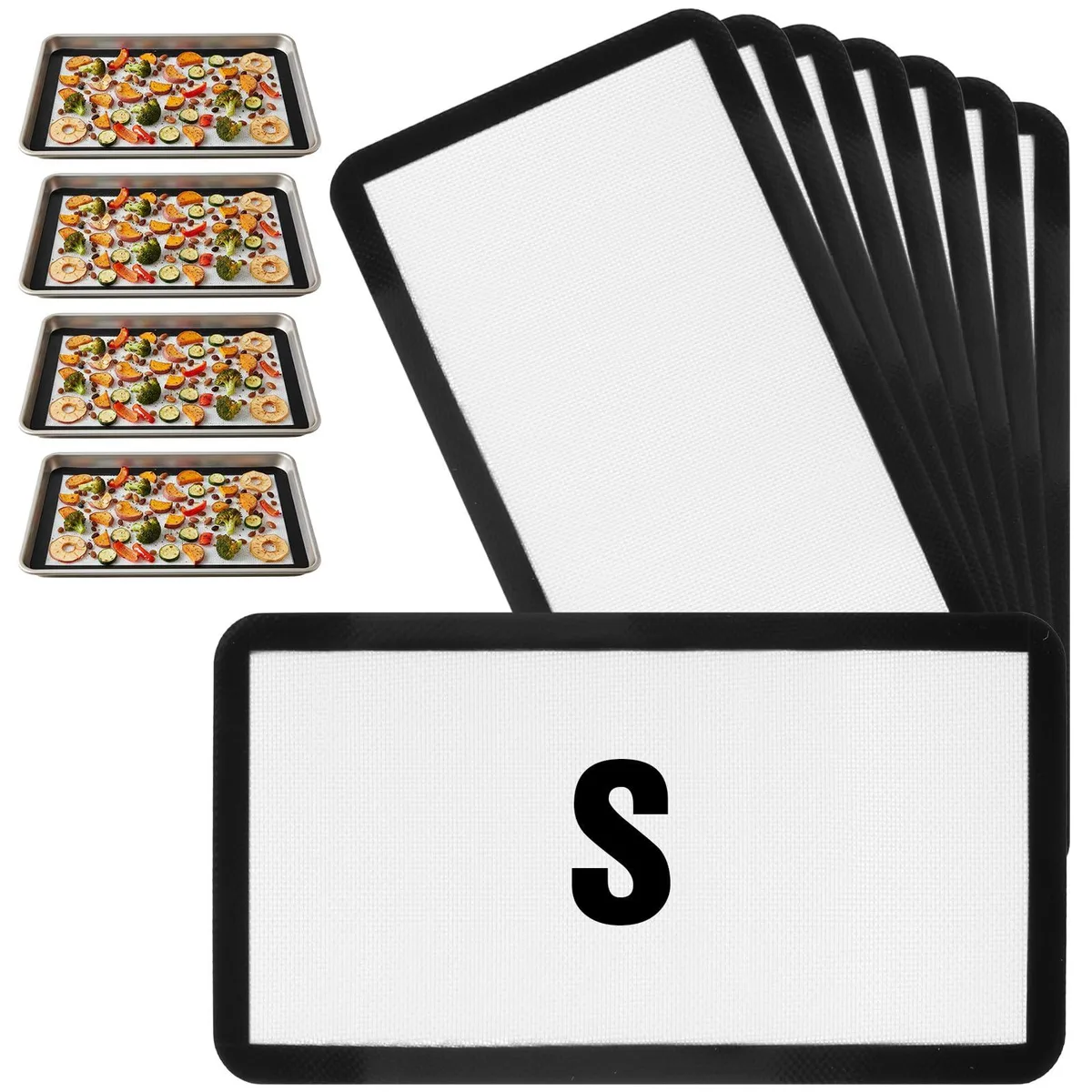 Eight rectangular black-and-white silicone mats with grey borders, 33.8 by 17.8 cm