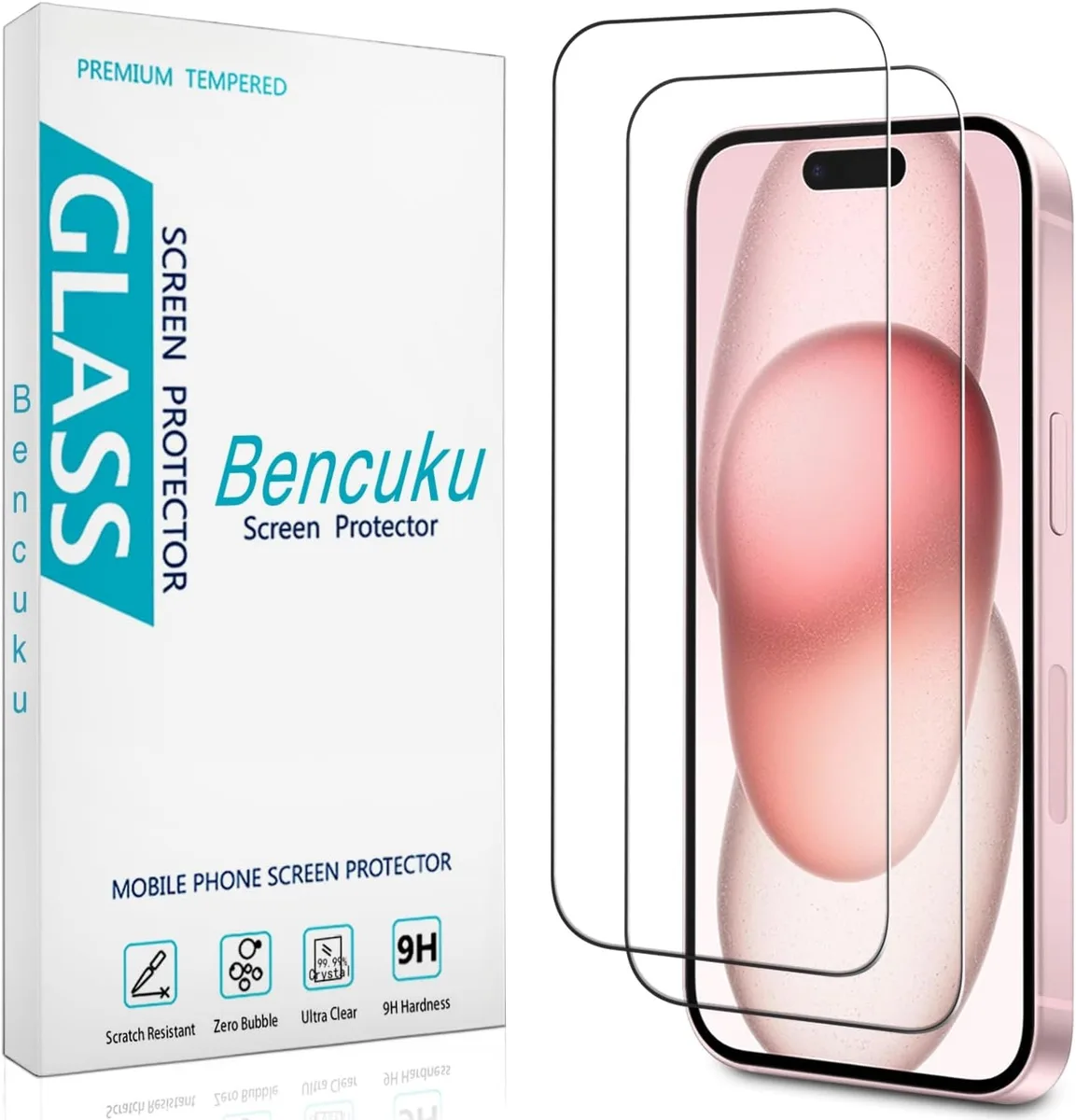 Two clear tempered glass screen protectors for iPhone 15 6.1 inch in retail box