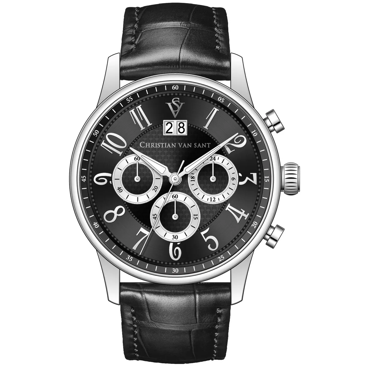 Christian Van Sant CV3940 black dial quartz watch with stainless steel case and leather strap