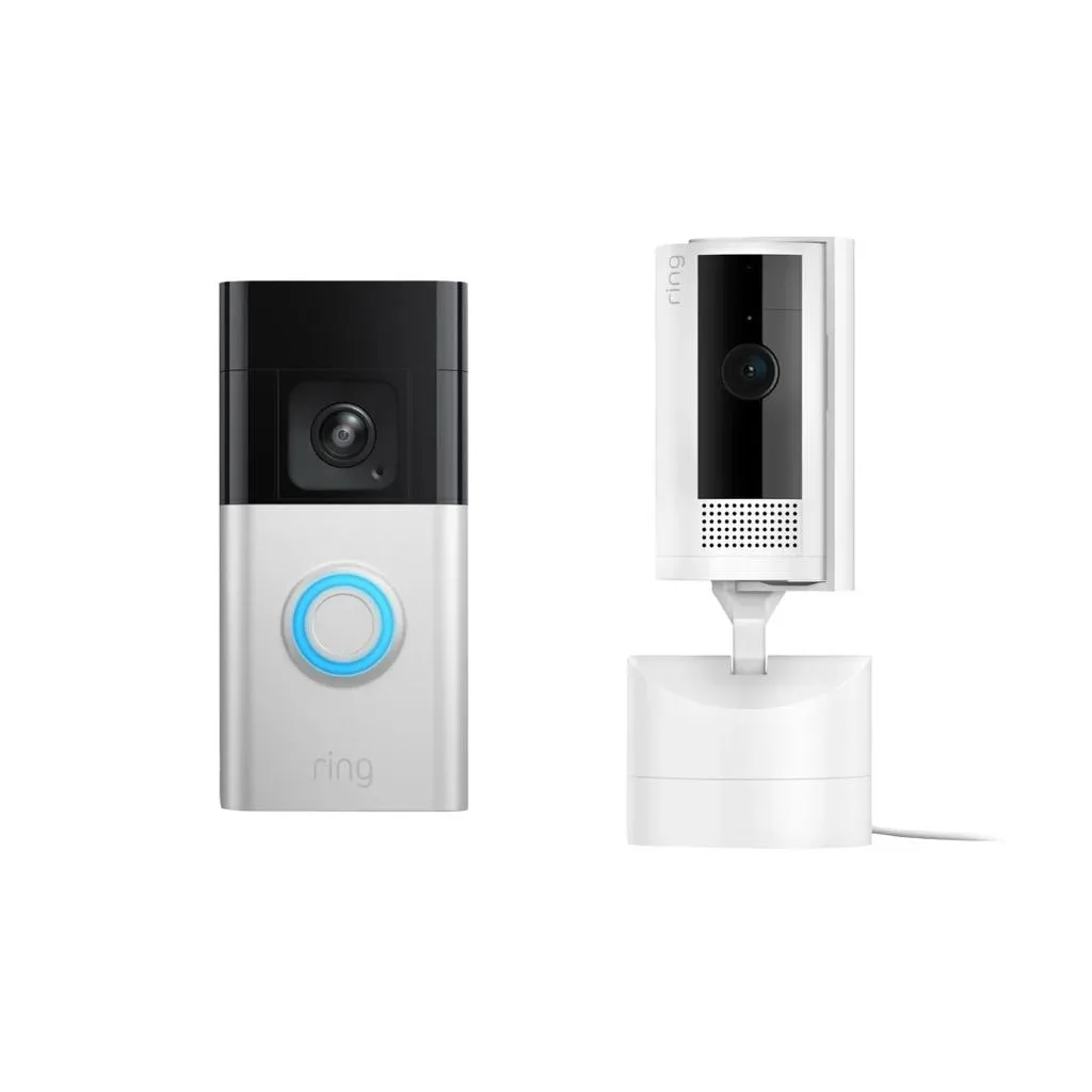 Ring Battery Doorbell Pro and Pan-Tilt Indoor Cam kit, both in satin black finish