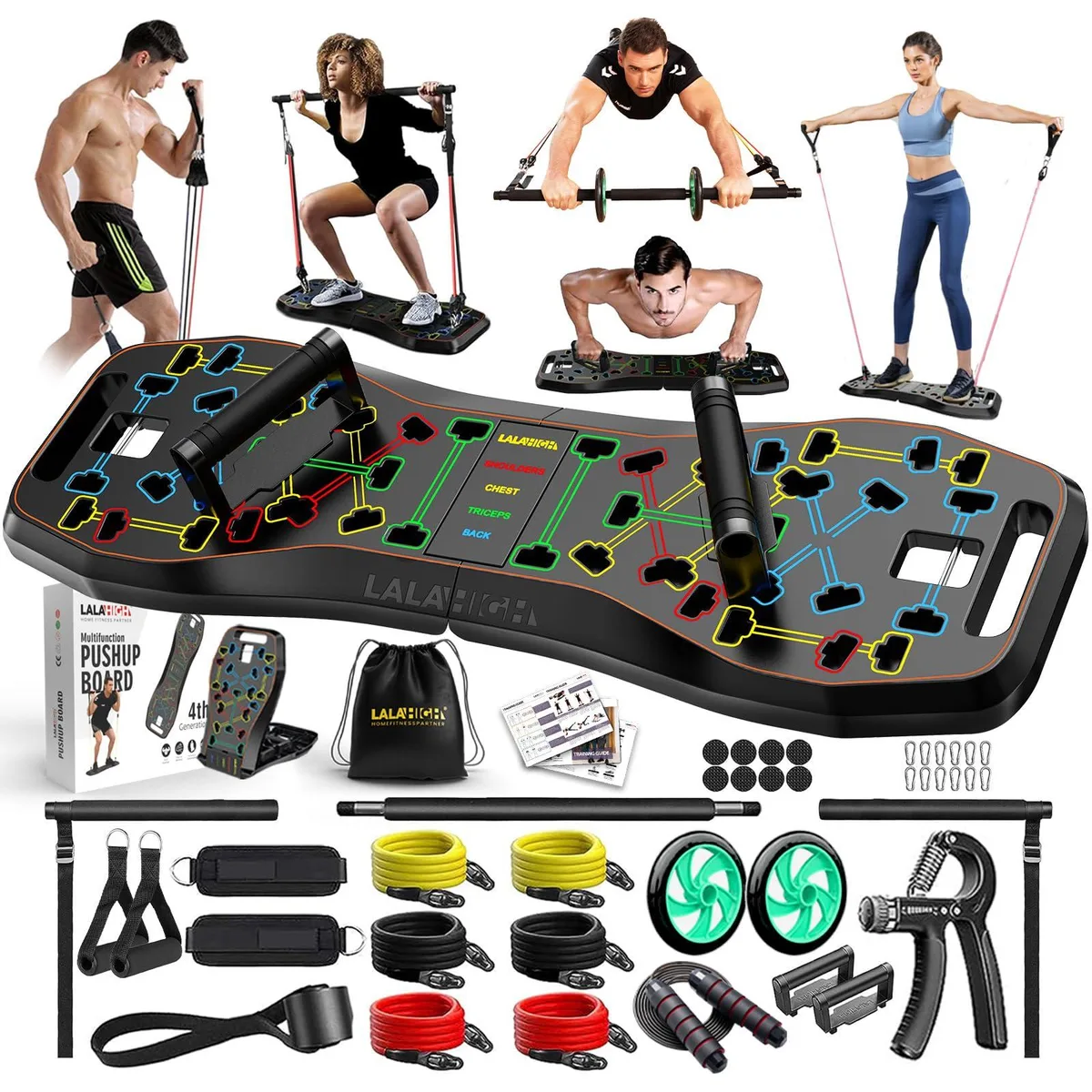 Foldable push-up board with resistance bands and Pilates bar