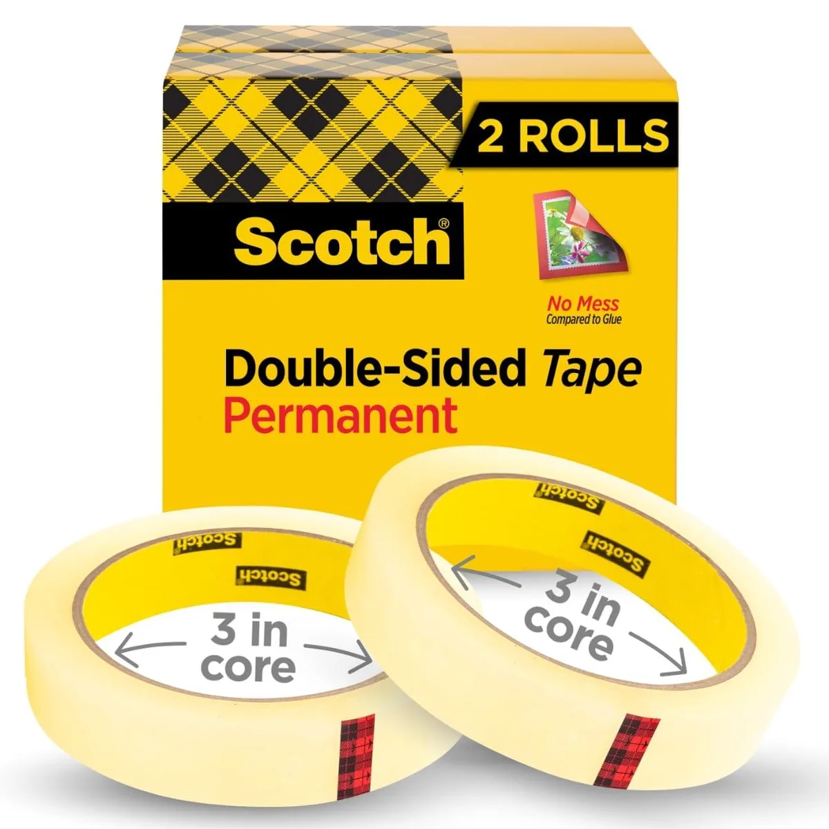 Two clear double-sided tape rolls on 3-inch cores, 0.75 inches wide, in open boxes