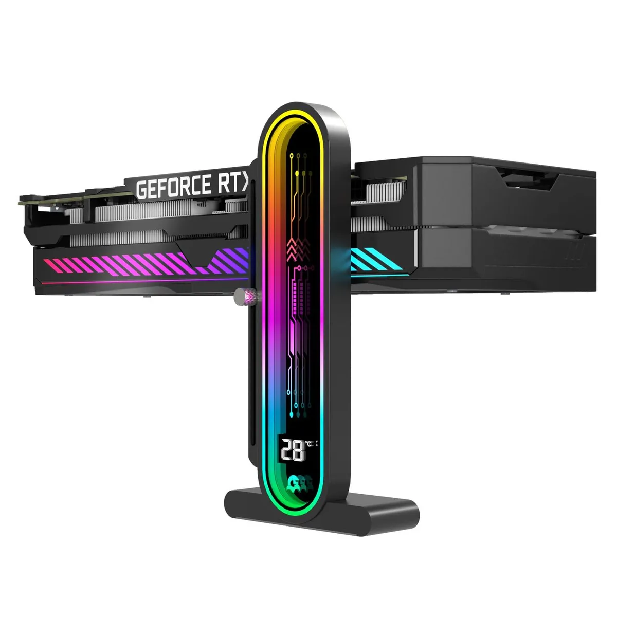 Black ARGB GPU support bracket with temperature display, adjustable height 35 to 157 mm, magnetic base