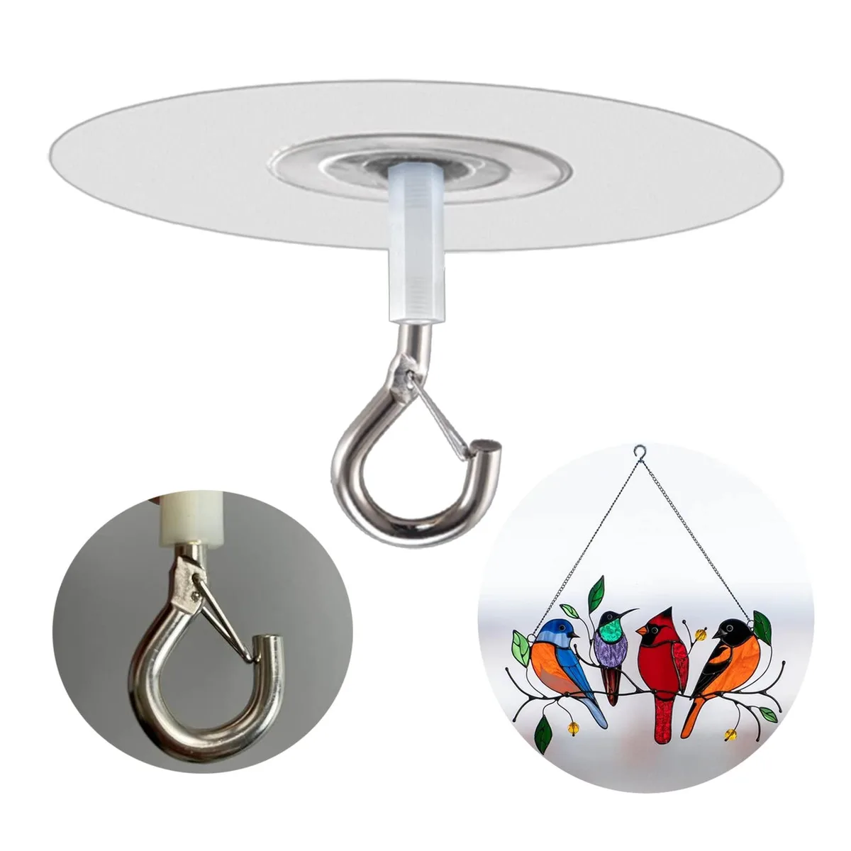 Ten round adhesive ceiling hooks with safety buckles on white bases