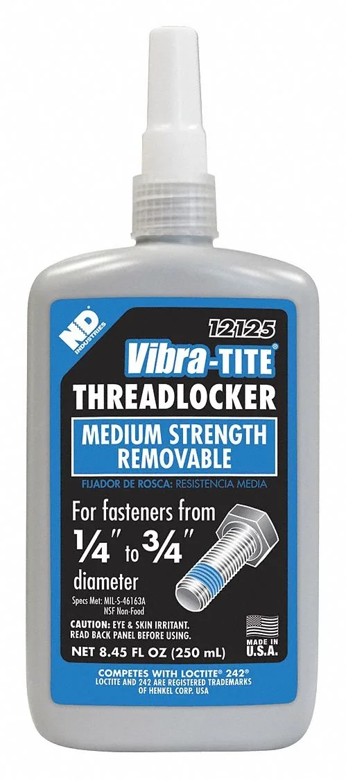 Blue threadlocker liquid in a 250mL bottle