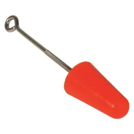 Orange polyurethane drain plug with metal removable eyebolt handle, tapered conical shape