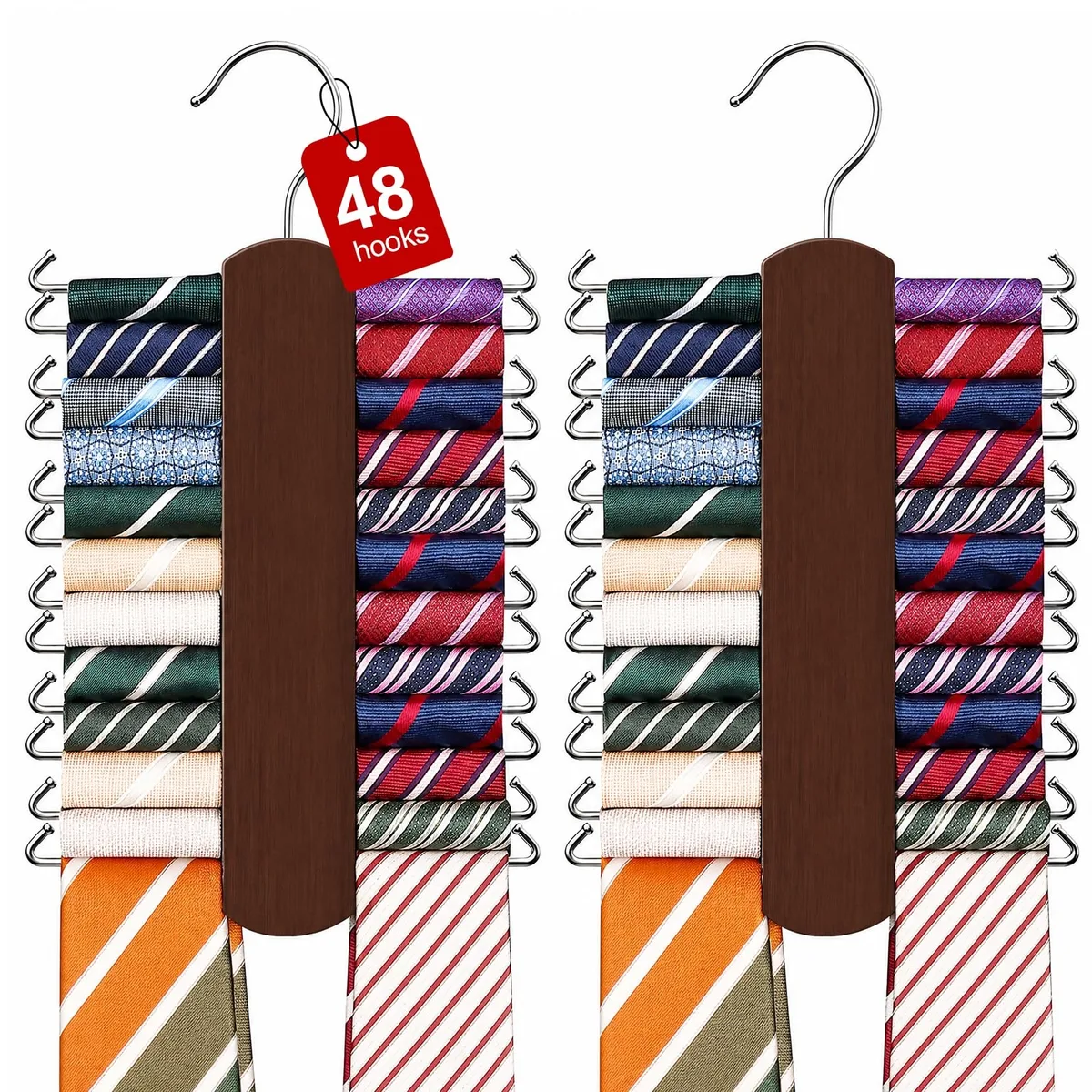Wooden tie rack with 48 rotating hooks, 360 degree swivel, natural finish