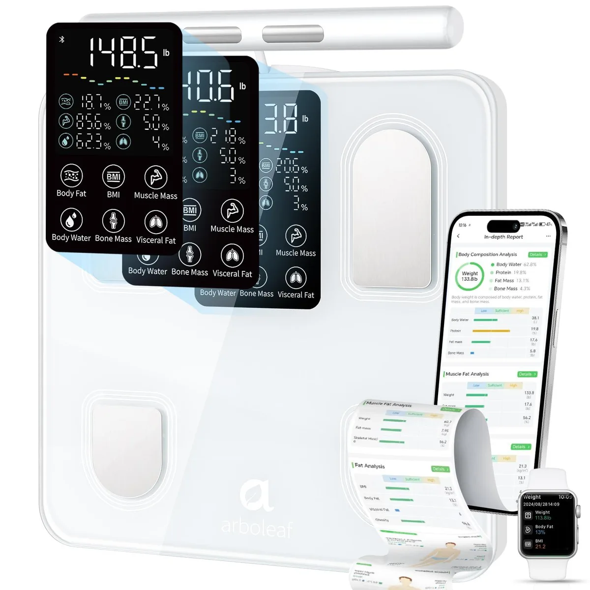 White square smart scale with handheld electrodes and large LED display