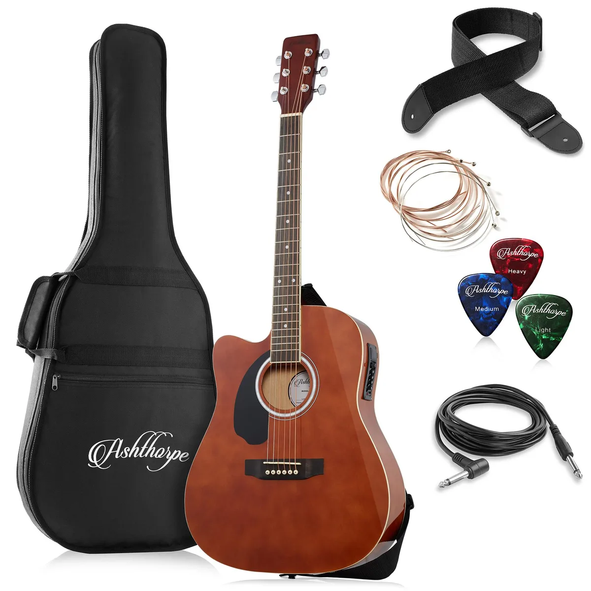Ashthorpe Ashthorpe Full-Size Left-Handed Dreadnought Cutaway Acoustic-Electric Guitar Bundle Brown — product photo