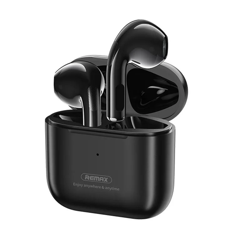 Black true wireless earbuds in a compact charging case