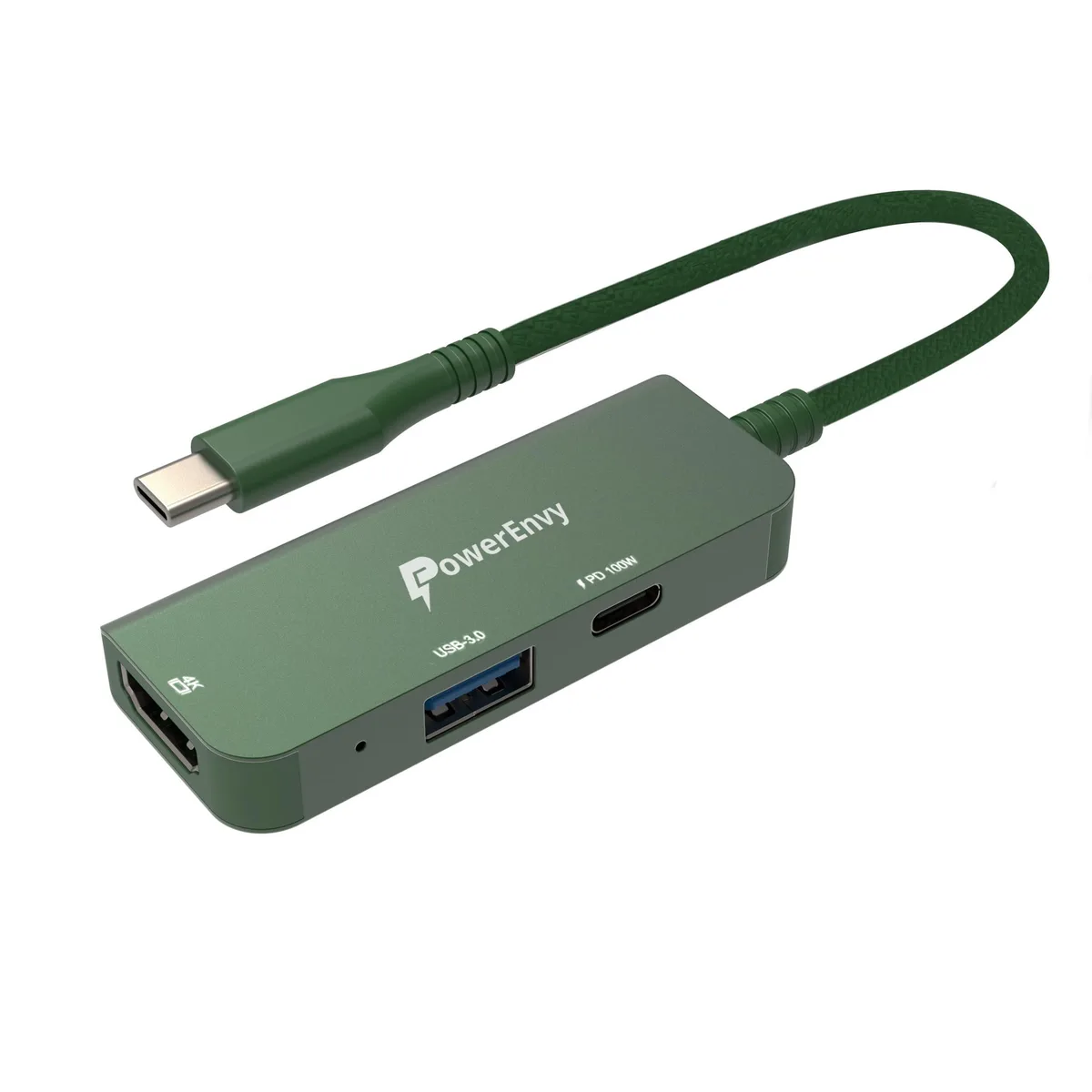 Small green aluminium USB-C hub with HDMI and USB-A ports