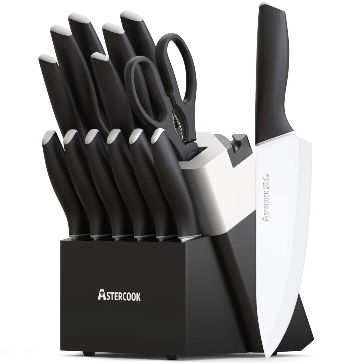 White 15-piece knife block set with stainless steel handles and built-in sharpener
