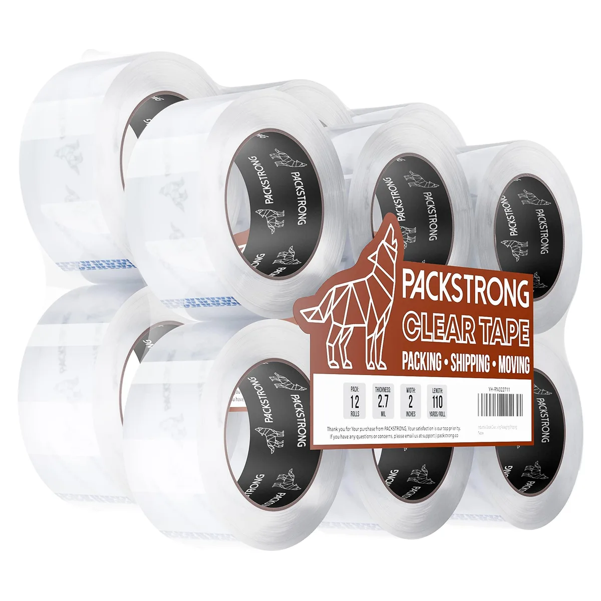 Pack of twelve clear packing tape rolls on three inch cores