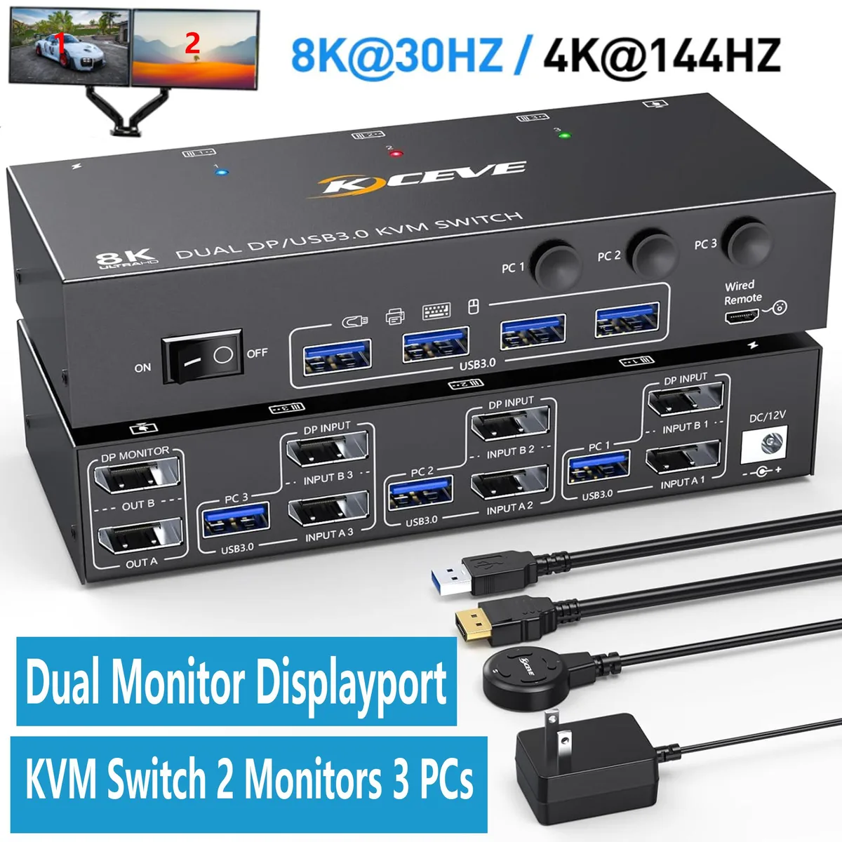 IHDAPP IHDAPP 3-Port 2-Monitor DP KVM Switch 8K60 4K144 USB 3.0 Wired Remote — product photo