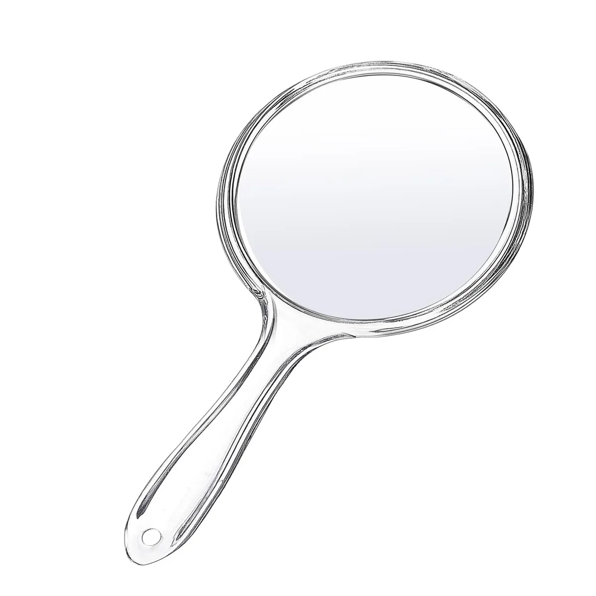 Clear round handheld mirror with handle, double-sided 1X and 2X magnification