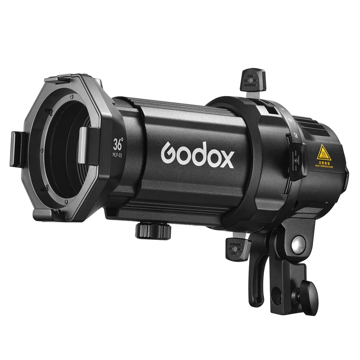 Black cylindrical projection attachment with 36-degree lens and gobo holder for Godox ML30 and ML60 lights