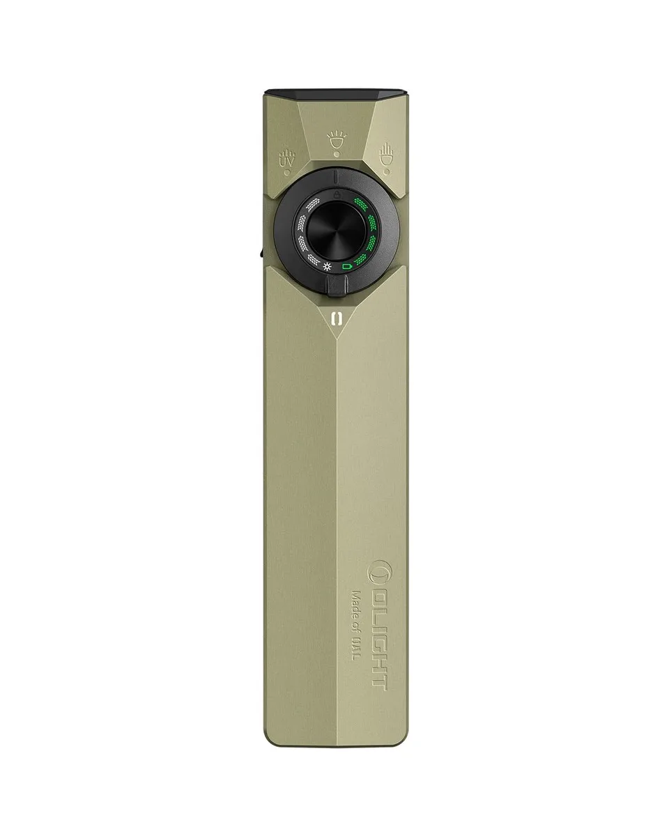 Olive green flat EDC flashlight with magnetic end and dual charging indicators
