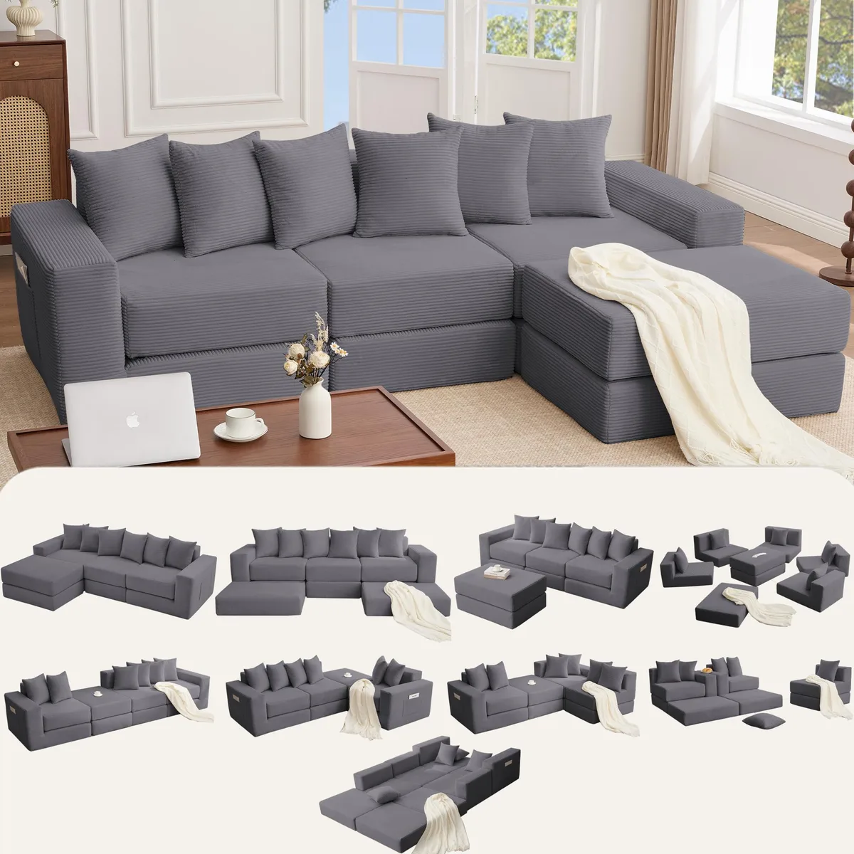 Dark grey corduroy modular sectional with six pillows, shown in L shape configuration