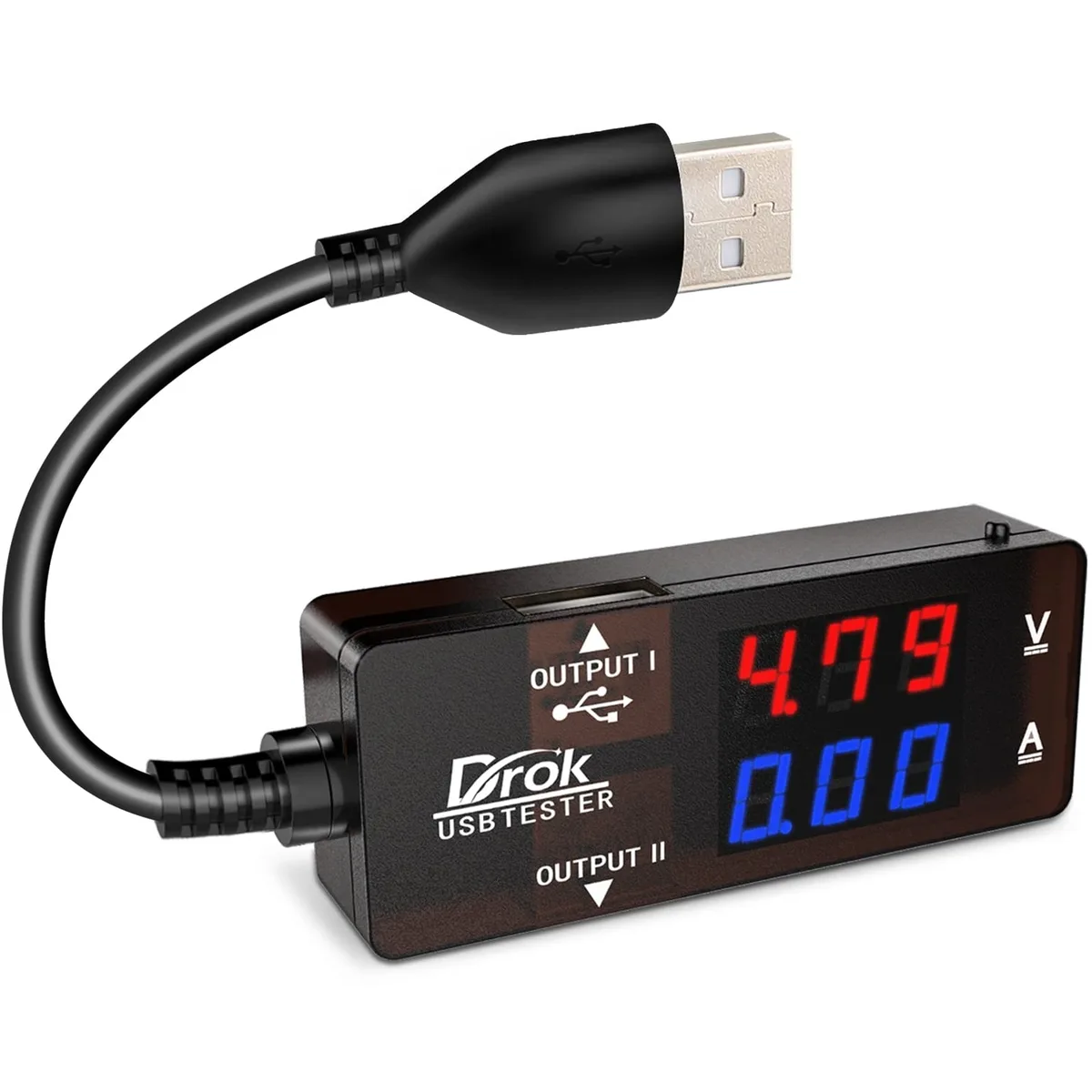 Compact rectangular USB tester with color LED screen and dual USB-A ports