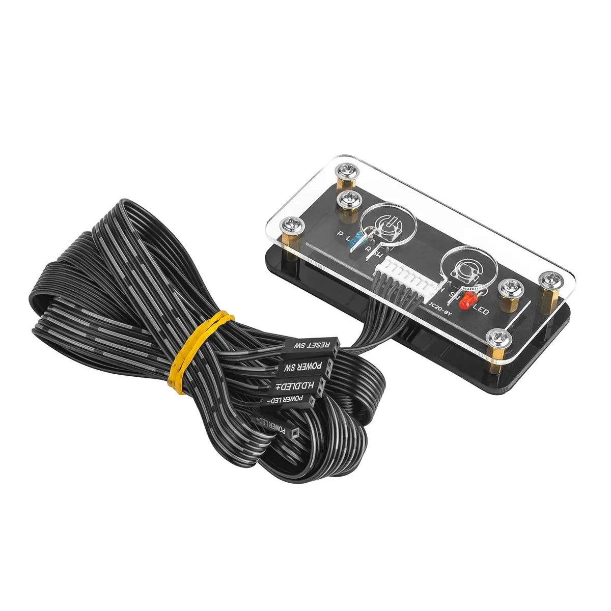 Rectangular acrylic external power switch module with two buttons and indicator LEDs on a 1.6 m cable