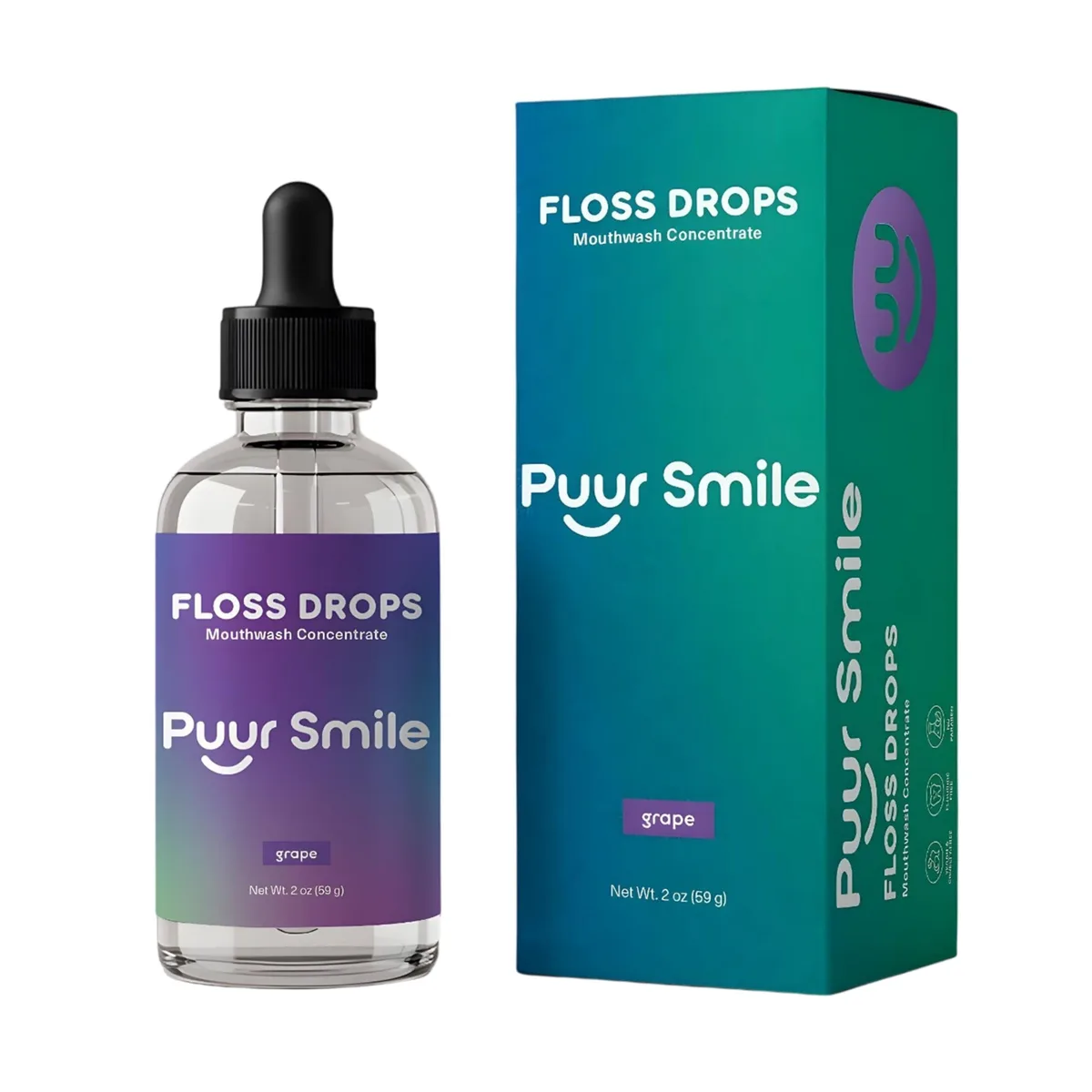 Small rectangular clear liquid bottle with grape flavour label