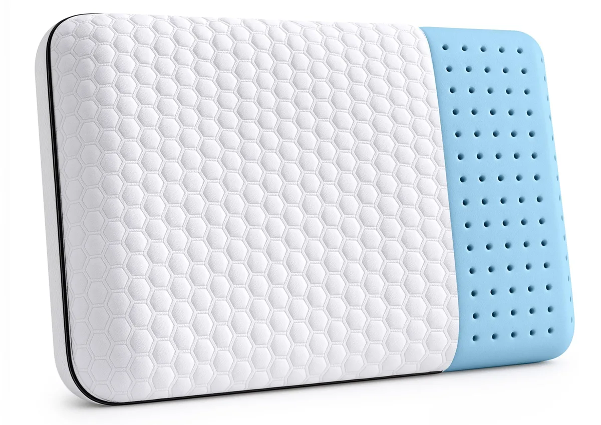 White rectangular memory foam pillow with perforated surface and zippered knitted cover