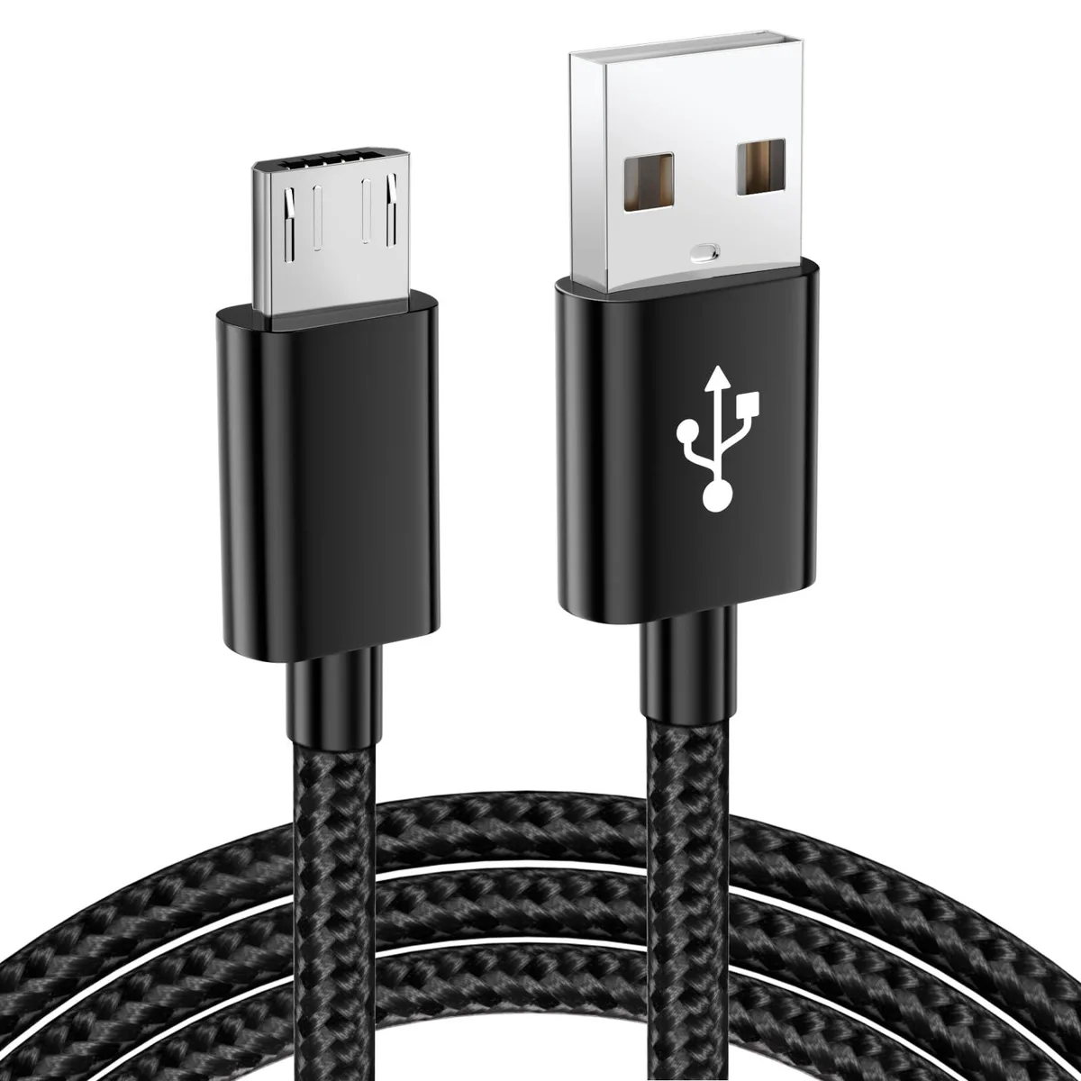 Black braided Micro USB cable with metal connectors, six feet long