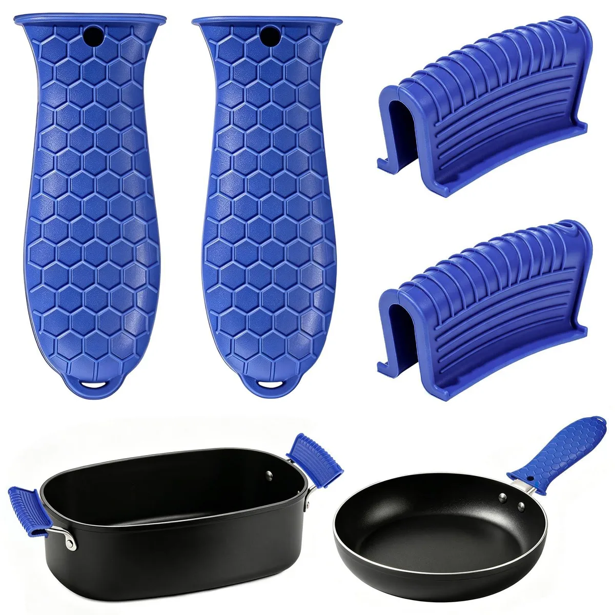 Four blue silicone handle covers in two sizes with textured grip and hanging holes