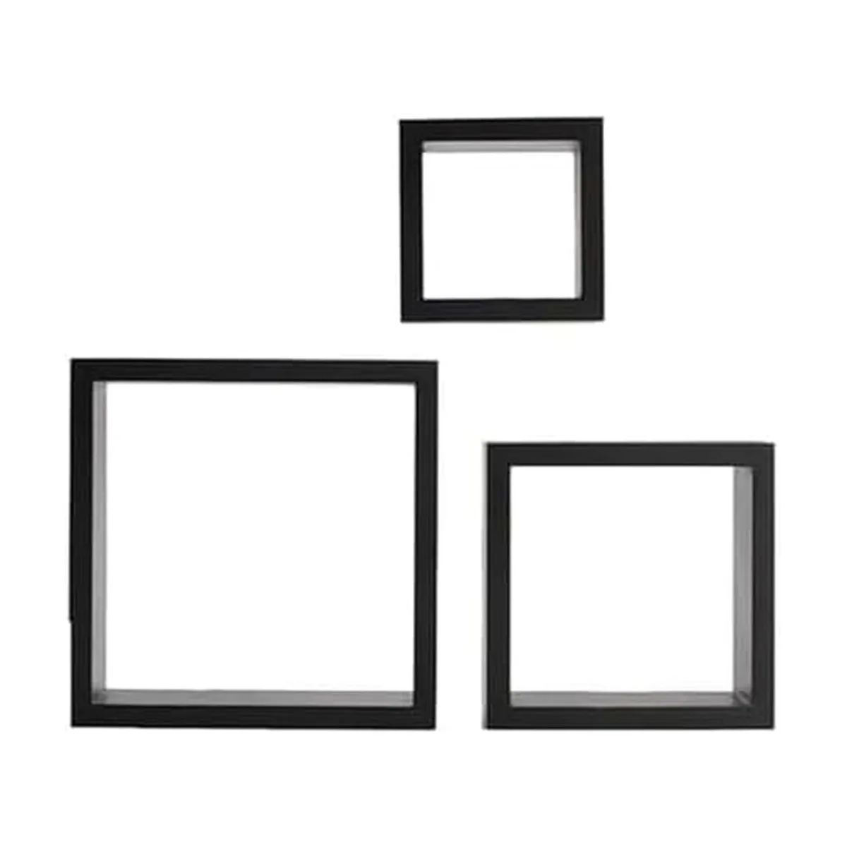 Three black square floating wall shelves in graduated sizes, flush-mounted, matte finish
