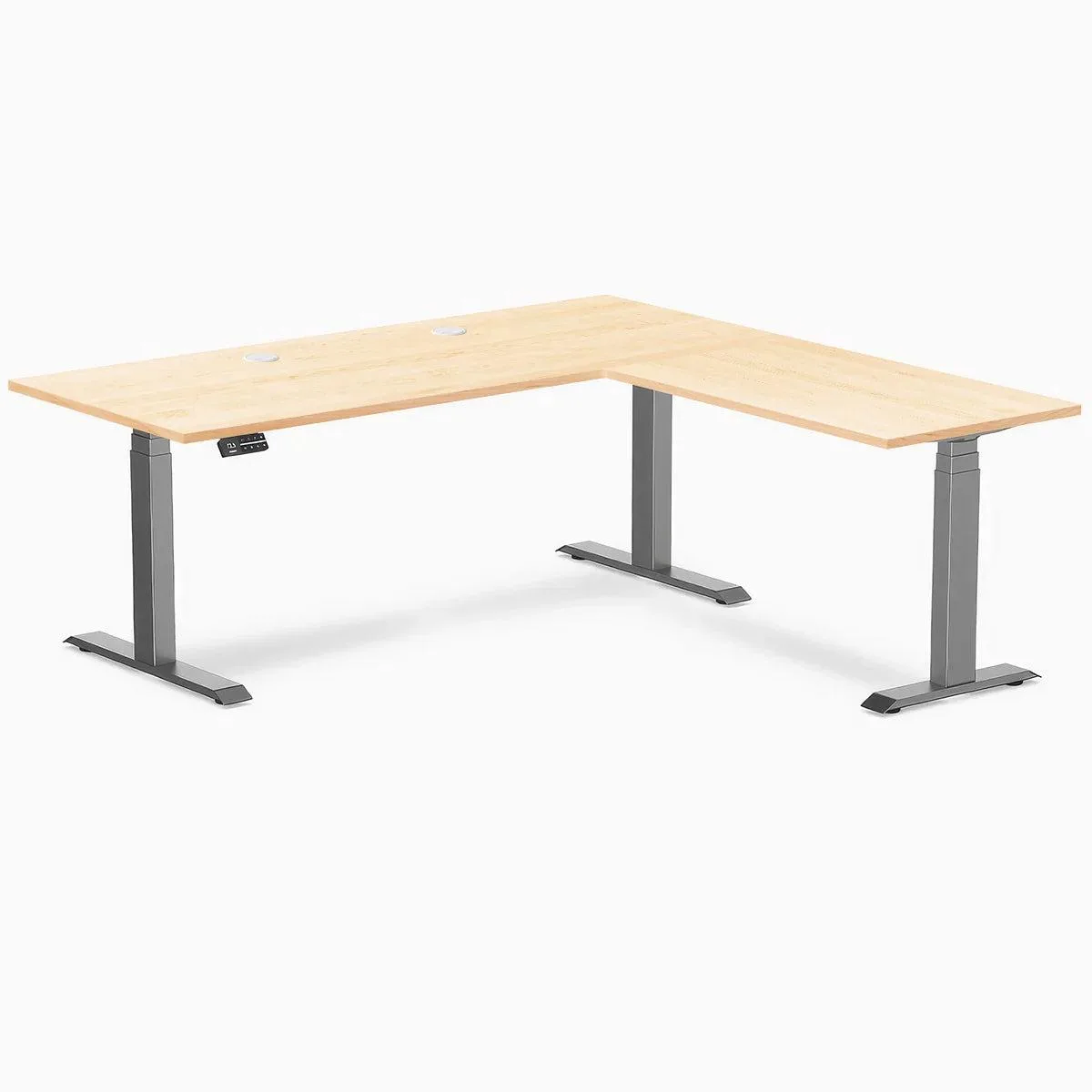 Desky Desky Hardwood L-Shape Sit Stand Desk Maple 72 x 30 x 70 x 24 in Space Grey office furniture — product photo