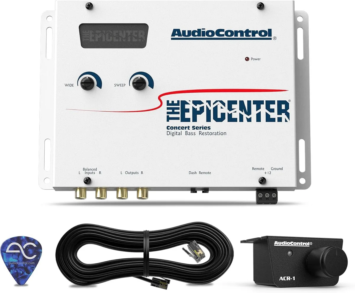 White rectangular car audio processor with dash-mounted wired remote knob and LED