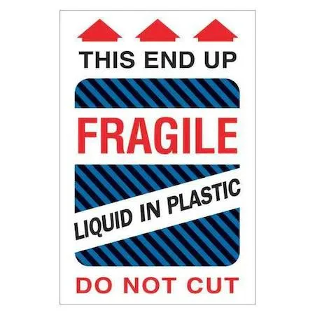 Red and white rectangular label reading Fragile Liquid in Plastic