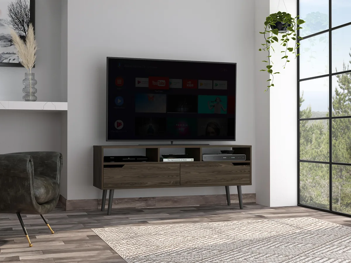Dark walnut TV stand with two drawers and three open shelves
