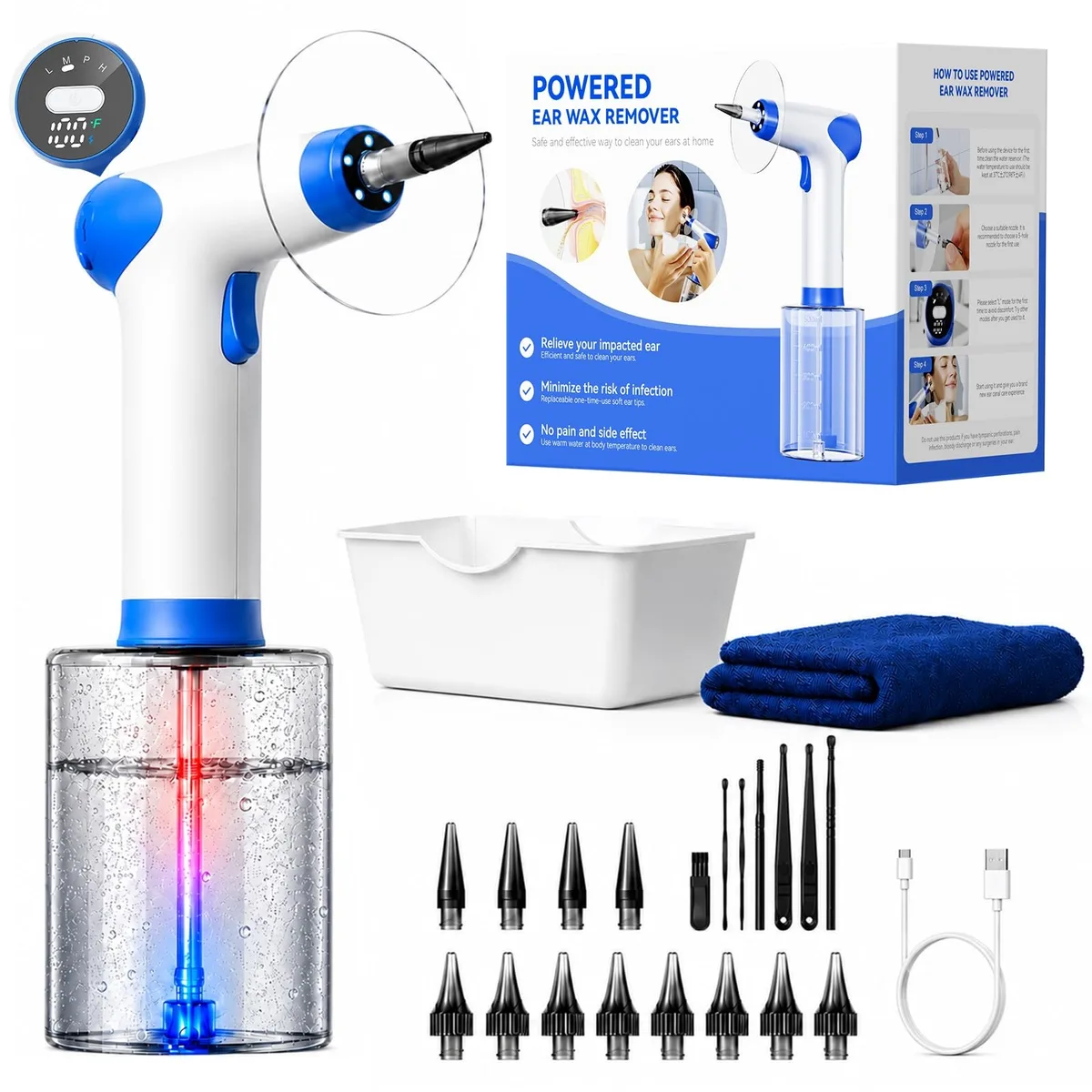 White and blue ear irrigation kit with temperature display, splash guard, basin and silicone tips
