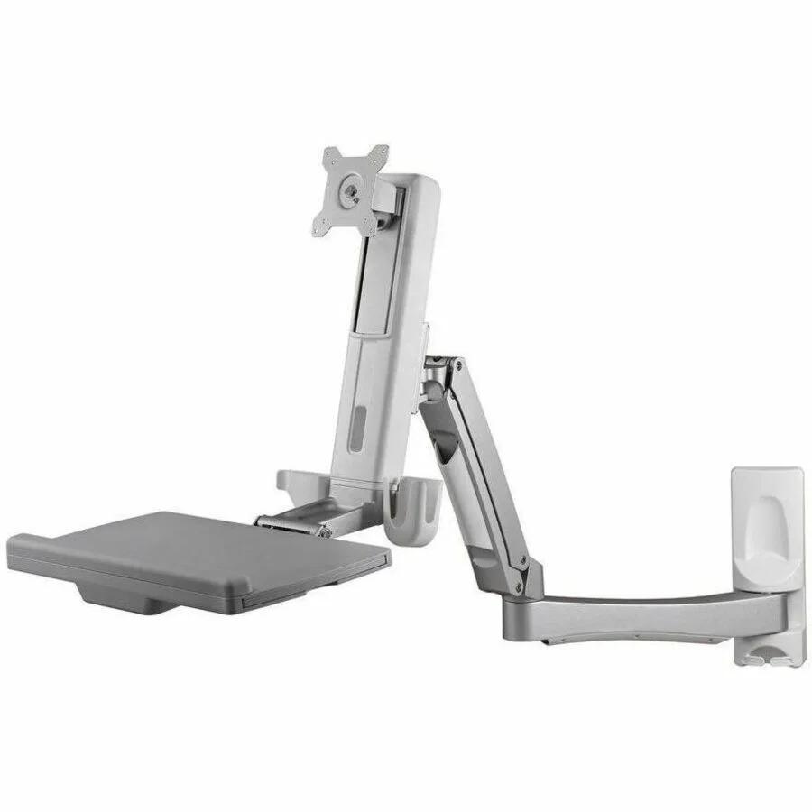 Black articulating wall arm with keyboard tray and monitor mount