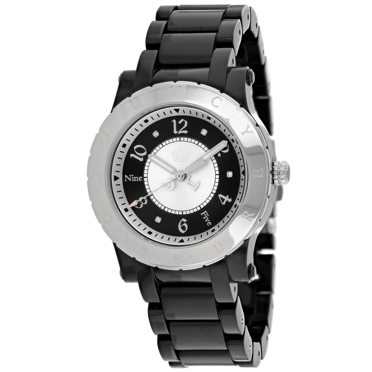 Silver stainless steel watch with black dial and metal bracelet