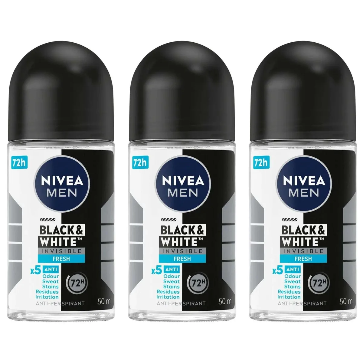 Nivea Nivea Men Black &amp; White Invisible Fresh Roll-On Antiperspirant 50 ml 3-Pack 52132715594046 — product photo