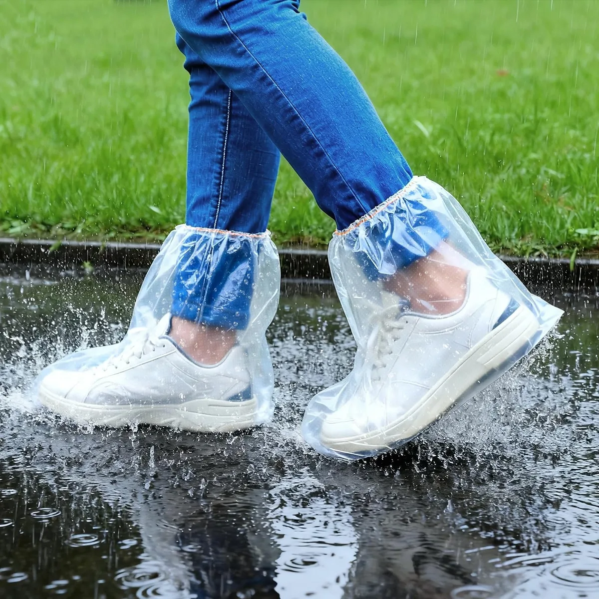 Pack of 20 clear disposable shoe covers with elastic openings and textured soles
