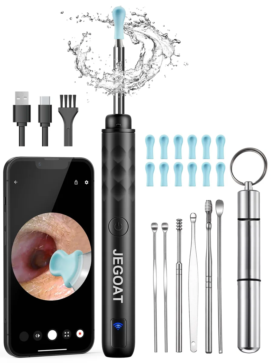 Jet black ear wax removal camera with six LEDs and twelve picks