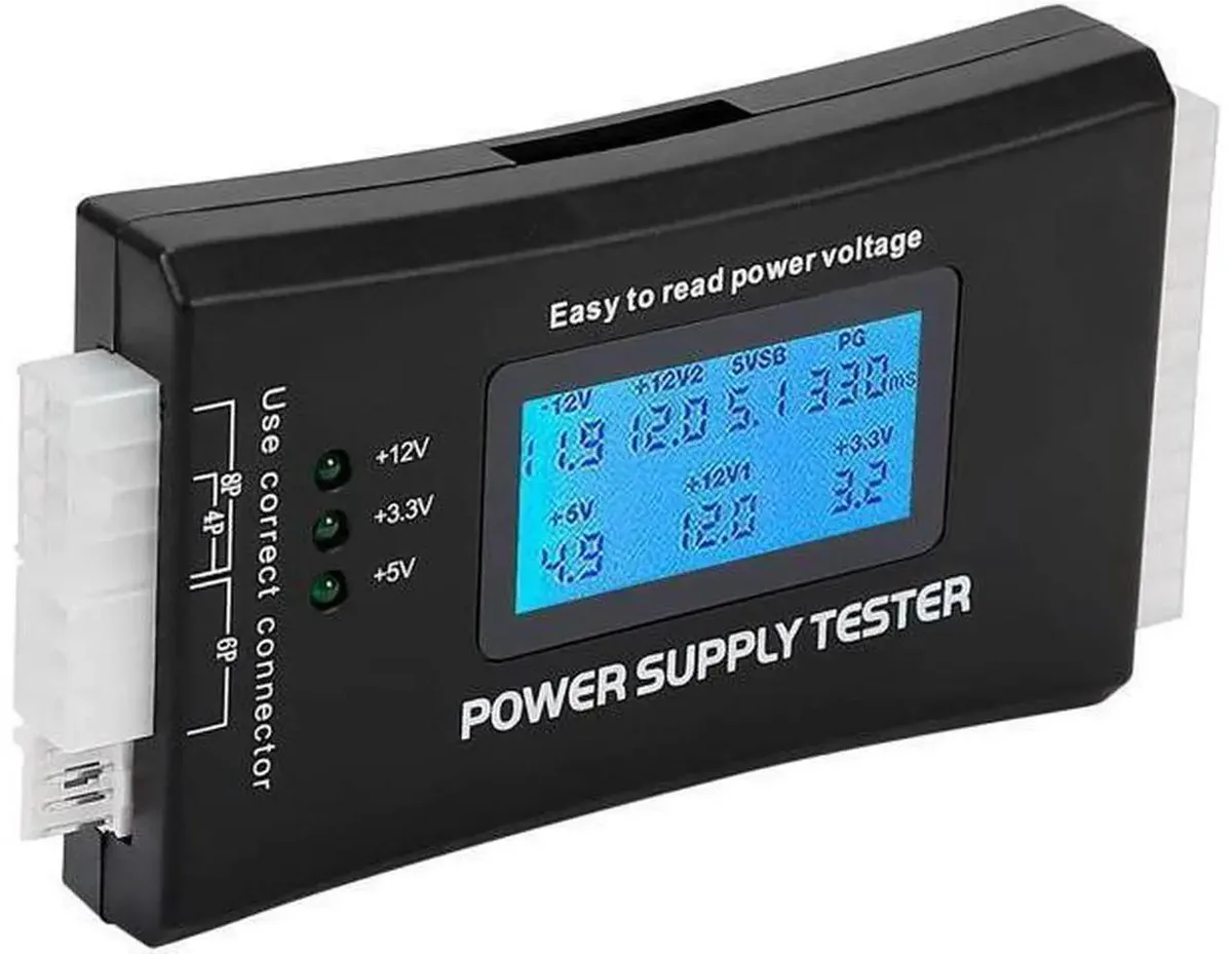Compact LCD power supply tester with 20+4 pin connector and SATA ports
