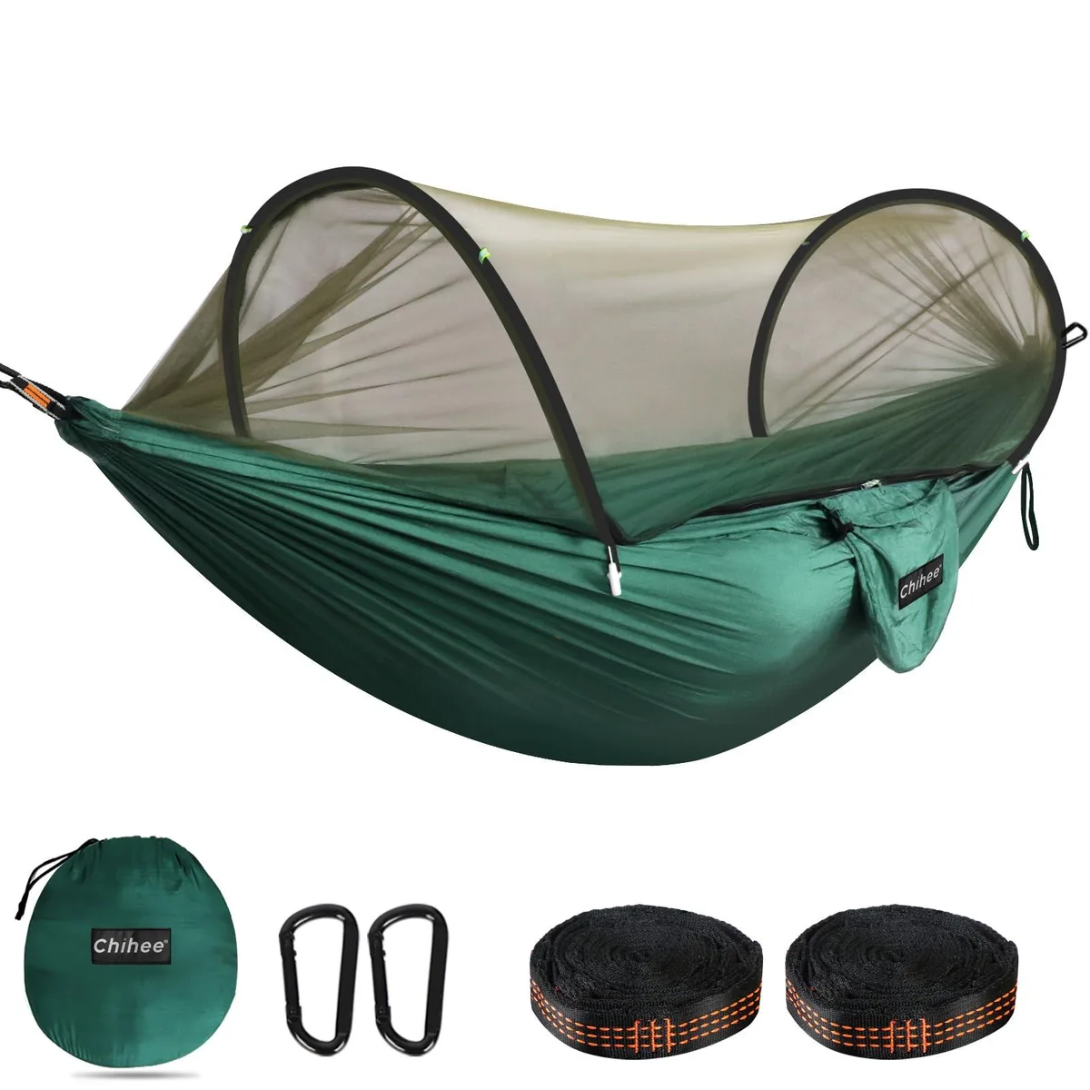Parachute nylon hammock with pop-up mesh net and tree straps