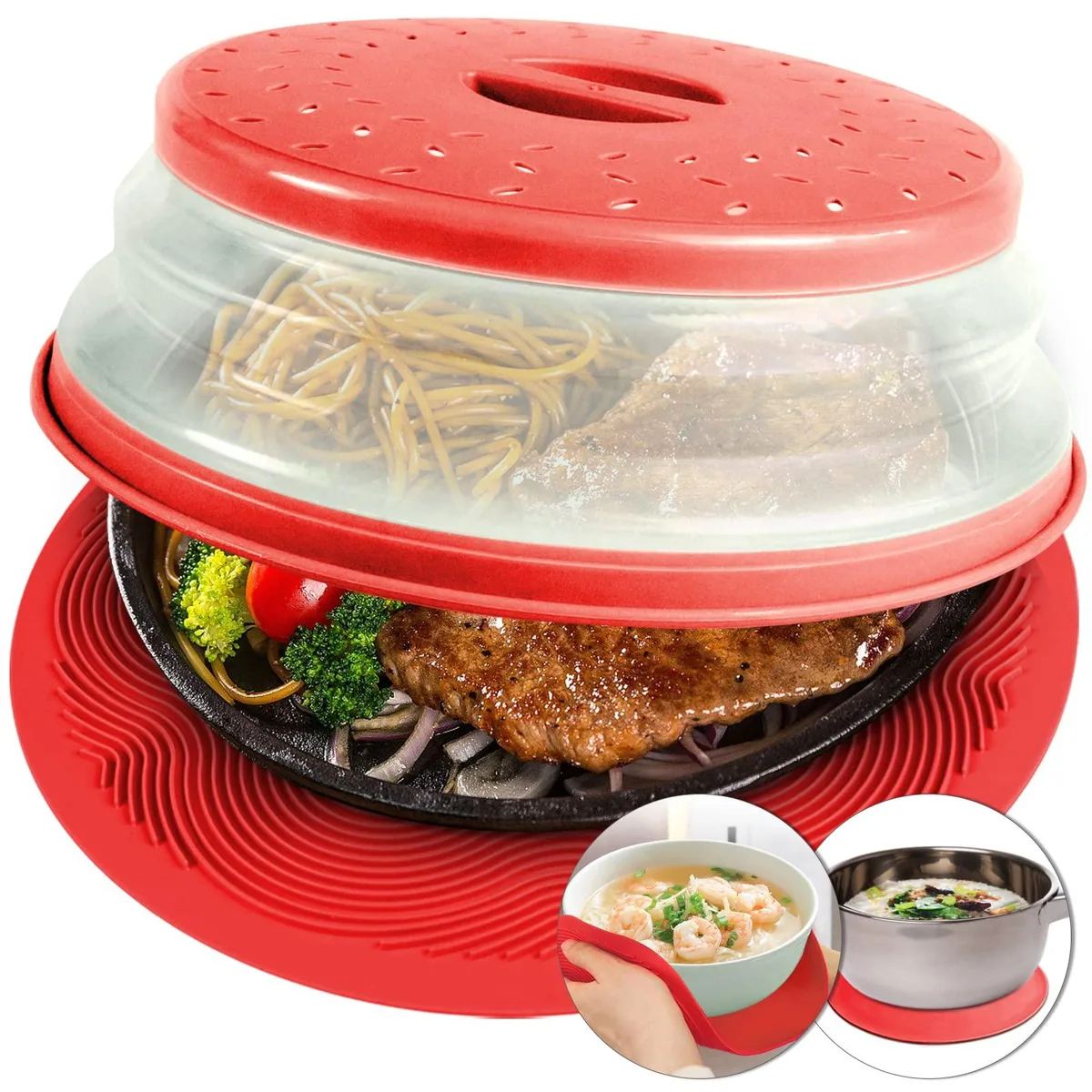 Red microwave cover and silicone mat set 10.5 inch diameter
