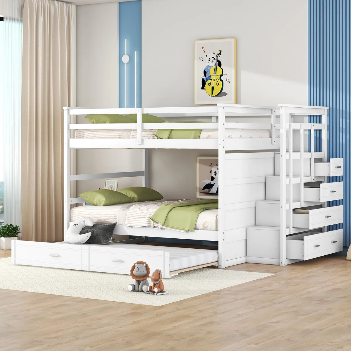 tuphen tuphen Full Over Full Bunk Bed with Trundle Staircase White — product photo