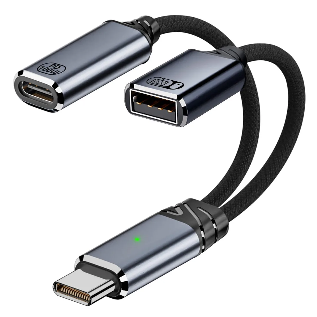 Grey USB-C OTG adapter with short cable and charging port