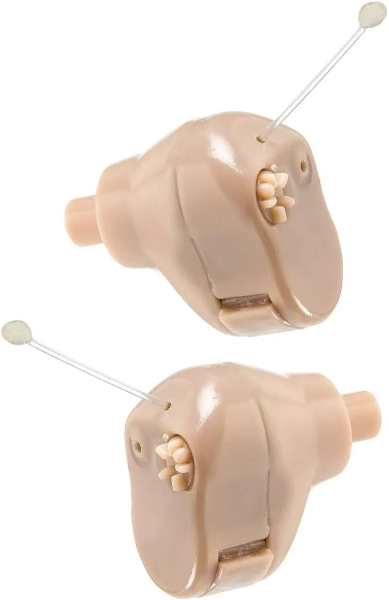 Pair of beige in-the-canal hearing amplifiers, extra small second generation design
